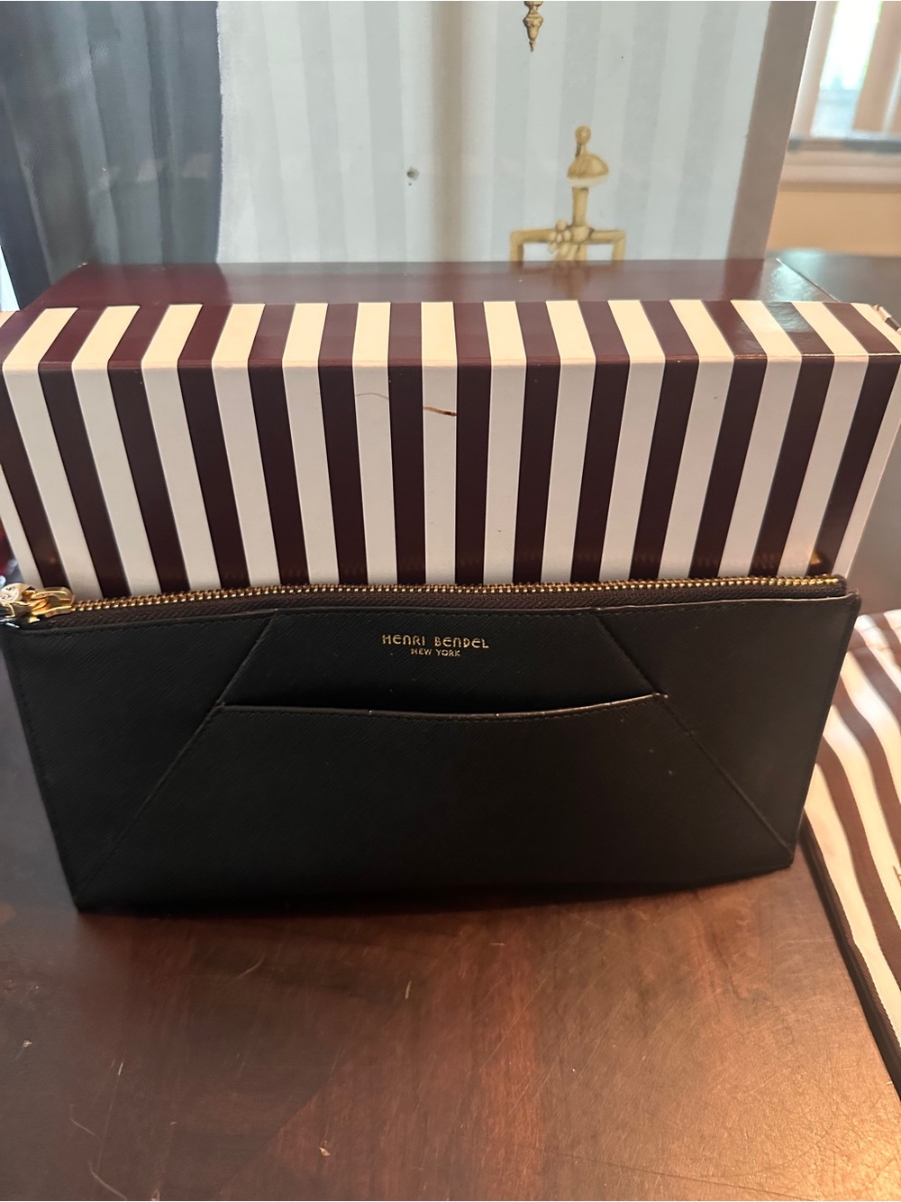 henri bendel Black Leather Zip Wallet with Gold Hardware